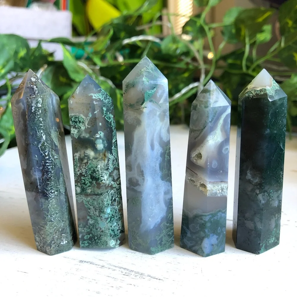 Green Moss Agate stone crystal healing tower pyramid point obelisk wand rock - Picture 7 of 15